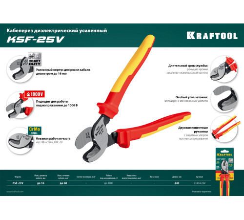 KRAFTOOL KSF-25V, d 13 мм, 250 мм, VDE, 1000 В, усиленный, диэлектрический кабелерез (23334-25V) купить  в Сочи