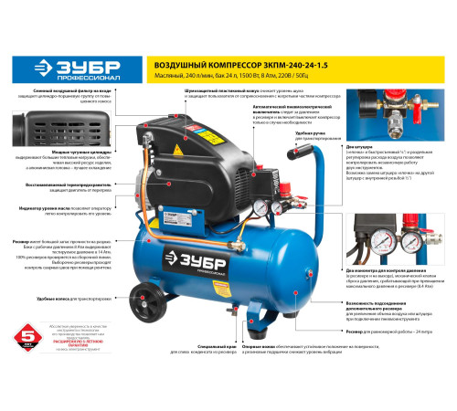 ЗУБР 240 л/мин, 24 л, 1500 Вт, масляный компрессор, Профессионал (ЗКПМ-240-24-1.5) купить  в Сочи
