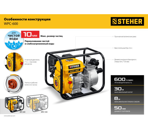 STEHER 600 л/мин, мотопомпа бензиновая (WPC-600) купить  в Сочи