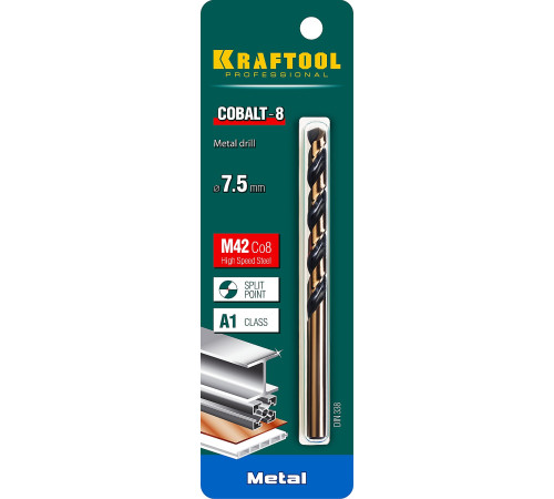 KRAFTOOL COBALT-8, 7.5 х 109 мм, сталь М42, HSS-Co(8%), сверло по металлу (29656-7.5) купить в Сочи KRAFTOOL COBALT-8, 7.5 х 109 мм, сталь М42, HSS-Co(8%), сверло по металлу (29656-7.5) купить в Сочи
