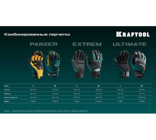 KRAFTOOL PANZER р.XL (10), профессиональные комбинированные перчатки, виброзащита, увеличенные противоударные накладки (11298-XL) купить  в Сочи