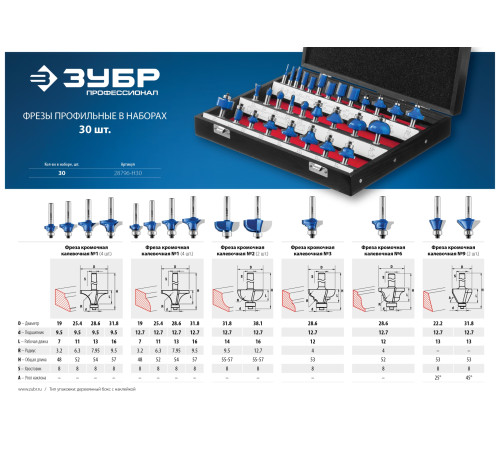 ЗУБР 30 шт, набор профильных фрез по дереву, Профессионал (28796-H30) купить  в Сочи