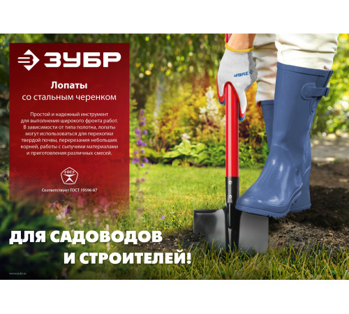 ЗУБР МАСТЕР, 295 х 230 х 1200 мм, полотно 1.5 мм, закалено, стальной изогнутый черенок с рукояткой, тип ЛСП, совковая лопата (39525) купить  в Сочи