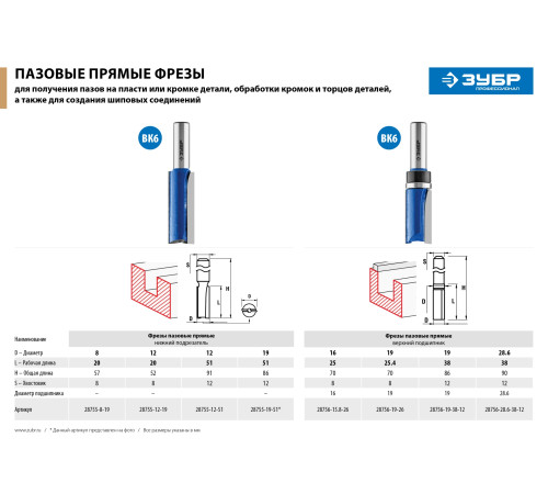 ЗУБР 8 x 19 мм, хвостовик 8 мм, фреза пазовая прямая с нижними подрезателями, Профессионал (28755-8-19) купить  в Сочи