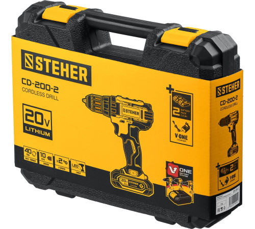 STEHER V1, 20 В, 40 Н·м, 2 АКБ (2 А·ч), дрель-шуруповерт, кейс (CD-200-2) купить в Сочи STEHER V1, 20 В, 40 Н·м, 2 АКБ (2 А·ч), дрель-шуруповерт, кейс (CD-200-2) купить в Сочи
