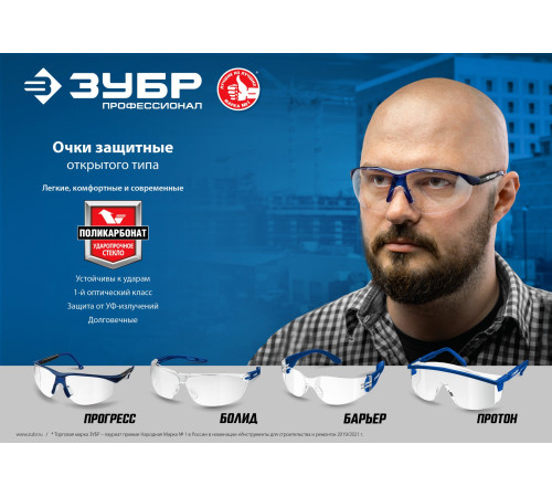 ЗУБР ПРОГРЕСС, открытого типа, жёлтые, стекло устойчивое к царапинам и запотеванию, защитные очки, Профессионал (110321) купить  в Сочи
