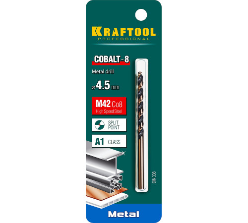 KRAFTOOL COBALT-8, 4.5 х 80 мм, сталь М42, HSS-Co(8%), сверло по металлу (29656-4.5) купить в Сочи KRAFTOOL COBALT-8, 4.5 х 80 мм, сталь М42, HSS-Co(8%), сверло по металлу (29656-4.5) купить в Сочи
