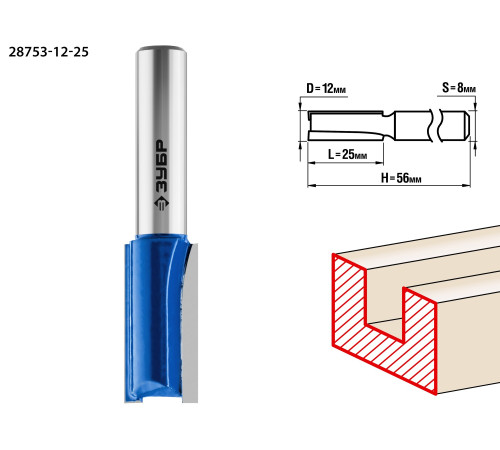ЗУБР 12 x 25 мм, хвостовик 8 мм, фреза пазовая прямая, Профессионал (28753-12-25) купить  в Сочи