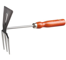 GRINDA 260 мм, 3 зубца, нержавеющая сталь, прямое лезвие, деревянная ручка, садовая мотыжка (8-421135)