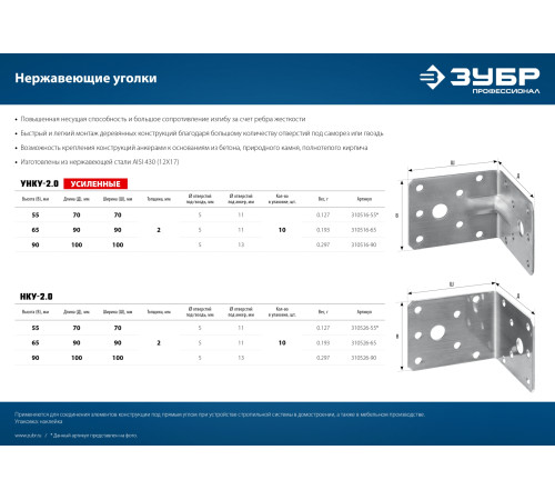ЗУБР УНКУ-2.0, 65 x 90 x 90 x 2 мм, усиленный нержавеющий крепежный уголок, Профессионал (310516-65) купить  в Сочи
