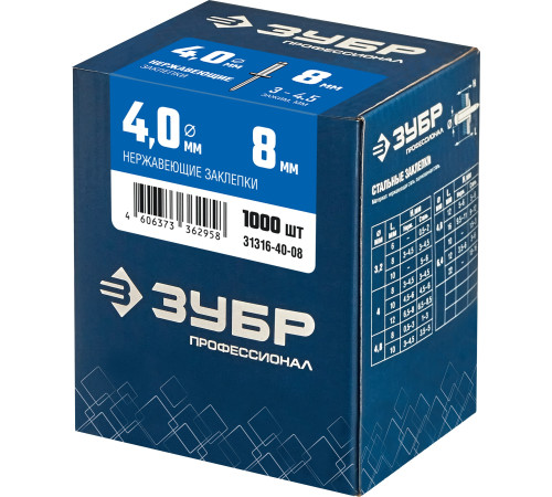 ЗУБР 4.0 x 8 мм, 1000 шт, нержавеющие заклепки, Профессионал (31316-40-08) купить в Сочи ЗУБР 4.0 x 8 мм, 1000 шт, нержавеющие заклепки, Профессионал (31316-40-08) купить в Сочи