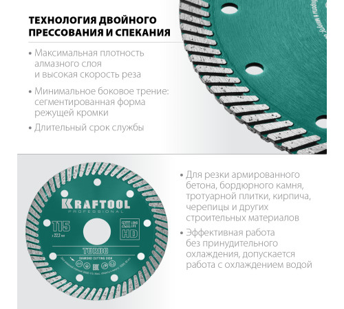 KRAFTOOL Turbo, 115 мм, (22.2 мм, 10 х 2.2 мм), сегментированный алмазный диск (36682-115) купить  в Сочи