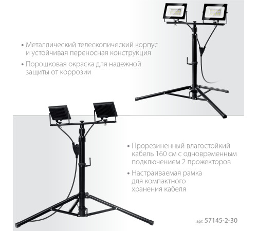 ЗУБР ПСК 30х2, 2 х 30 Вт, 6500 К, IP 65, 1.6 м, светодиодные прожекторы на штативе, Профессионал (57145-2-30) купить в Сочи ЗУБР ПСК 30х2, 2 х 30 Вт, 6500 К, IP 65, 1.6 м, светодиодные прожекторы на штативе, Профессионал (57145-2-30) купить в Сочи