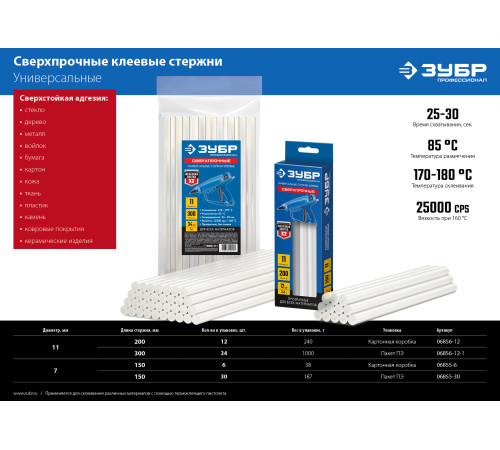 ЗУБР 7 х 150 мм, 6 шт, сверхпрочные прозрачные клеевые стержни, Профессионал (06855-6) купить  в Сочи