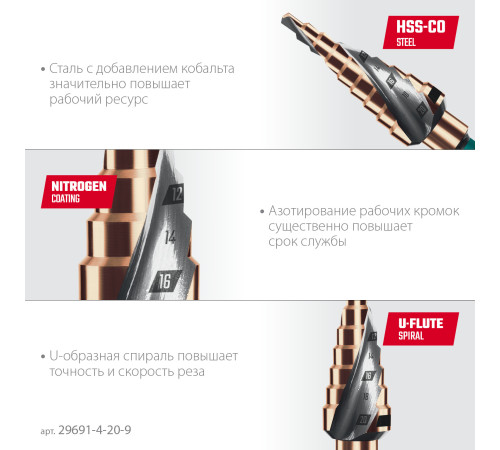 KRAFTOOL COBALT 4-20мм, 9 ступеней, азотирование, винтовая спираль, сверло ступенчатое(29691-4-20-9) купить в Сочи KRAFTOOL COBALT 4-20мм, 9 ступеней, азотирование, винтовая спираль, сверло ступенчатое(29691-4-20-9) купить в Сочи