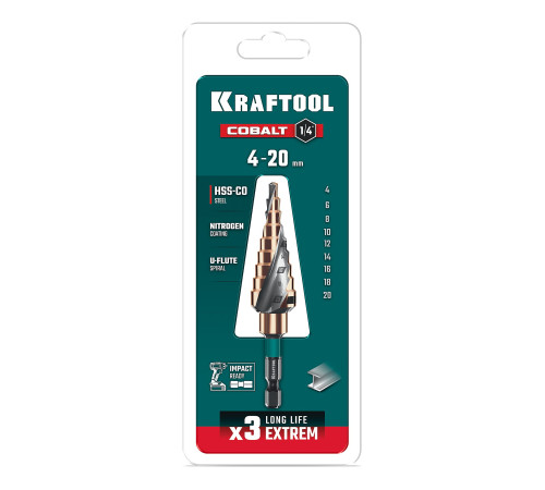 KRAFTOOL COBALT 4-20мм, 9 ступеней, азотирование, винтовая спираль, сверло ступенчатое(29691-4-20-9) купить в Сочи KRAFTOOL COBALT 4-20мм, 9 ступеней, азотирование, винтовая спираль, сверло ступенчатое(29691-4-20-9) купить в Сочи