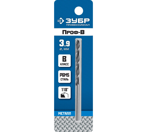 ЗУБР ПРОФ-В, 3.9 х 75 мм, сталь Р6М5, класс В, сверло по металлу, Профессионал (29621-3.9) купить  в Сочи
