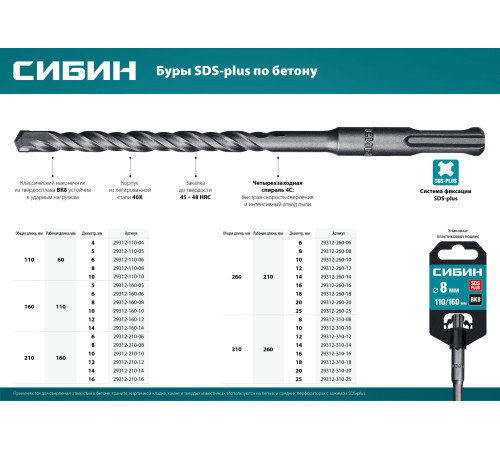 СИБИН 14 х 260 мм, SDS-plus бур (29312-260-14) купить  в Сочи