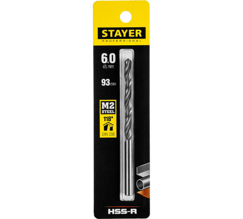 STAYER HSS-R, 6.0 х 93 мм, быстрорежущая сталь P6M5, сверло по металлу, Professional (29602-6) купить в Сочи STAYER HSS-R, 6.0 х 93 мм, быстрорежущая сталь P6M5, сверло по металлу, Professional (29602-6) купить в Сочи