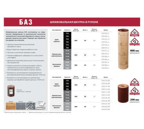 БАЗ 20-H (Р70), 800 мм, 30 м, водостойкий, шлифовальный рулон на тканевой основе (3550-020) купить  в Сочи