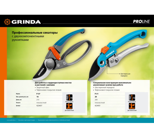 GRINDA P-57, 210 мм, с двухкомпонентными эргономичными рукоятками, с эфесом, плоскостной секатор, PROLine (423457) купить  в Сочи GRINDA P-57, 210 мм, с двухкомпонентными эргономичными рукоятками, с эфесом, плоскостной секатор, PROLine (423457) купить  в Сочи