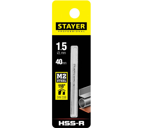 STAYER HSS-R, 1.5 х 40 мм, быстрорежущая сталь P6M5, сверло по металлу, Professional (29602-1.5) купить в Сочи STAYER HSS-R, 1.5 х 40 мм, быстрорежущая сталь P6M5, сверло по металлу, Professional (29602-1.5) купить в Сочи
