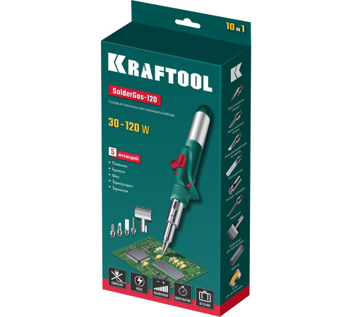 KRAFTOOL SolderGas, 120 K, 30 - 120 Вт, 1300°С, горелка, фен, пьезоподжиг, набор 10 в 1, газовый паяльник (55503-H10) купить  в Сочи