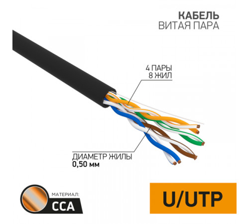 Купить Интернет кабель (витая пара)( с тросом) UTP 4PR 24AWG САТ5e CCA информационный (0,5мм омедненка) (305м/бухта) черн.OUTDOOR PROCONNECT, Частотный диапазон: 1-100 МГц Купить Интернет кабель (витая пара)( с тросом) UTP 4PR 24AWG САТ5e CCA информационный (0,5мм омедненка) (305м/бухта) черн.OUTDOOR PROCONNECT, Частотный диапазон: 1-100 МГц