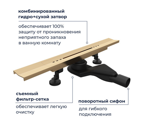 Душевой трап, обрезной, V-образный золото BRUSH RGW SDR-53Gb купить  в Сочи