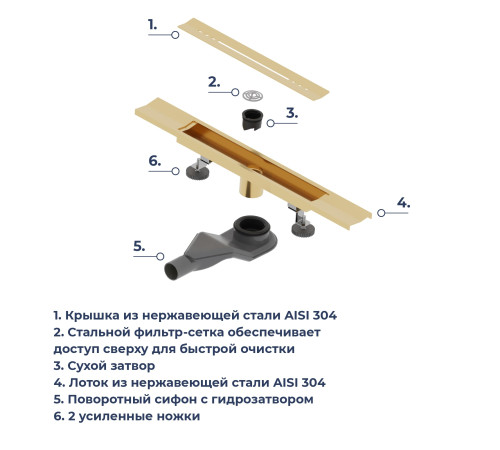 Душевой трап, обрезной, V-образный золото BRUSH RGW SDR-53Gb купить  в Сочи