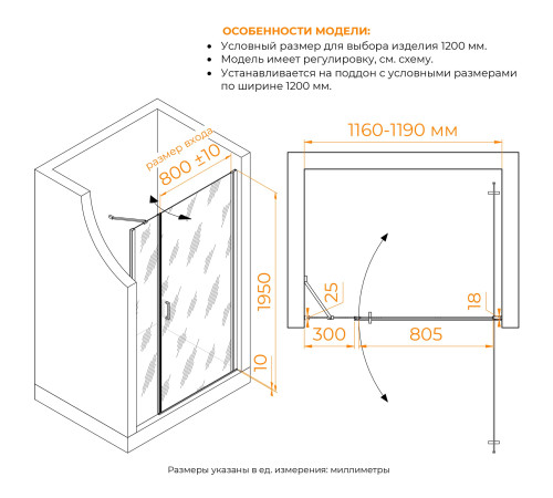 Душевая дверь RGW LE-008 (LE-003 + Z-09 + профиль A-14) (Прозрачное, 1200) купить  в Сочи