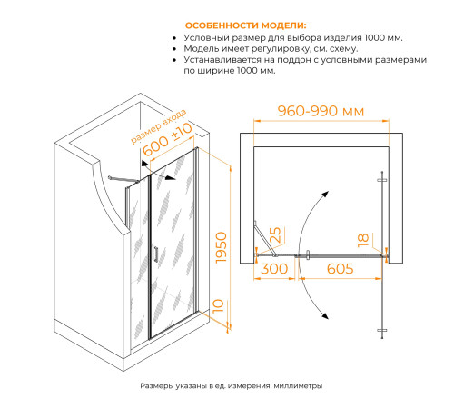 Душевая дверь RGW LE-008 (LE-003 + Z-09 + профиль A-14) (Прозрачное, 1000) купить  в Сочи