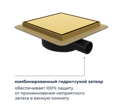 Душевой трап RGW SDR-10 квадратный, золото BRUSH, металлическая крышка, горизонтальный слив купить  в Сочи