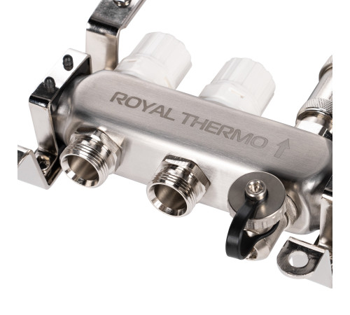 Коллектор Royal Thermo нерж. в сборе с расходомерами 1" ВР-3/4" НР с автомат. воздухоотвод-ми 2 вых. купить в Сочи Коллектор Royal Thermo нерж. в сборе с расходомерами 1" ВР-3/4" НР с автомат. воздухоотвод-ми 2 вых. купить в Сочи
