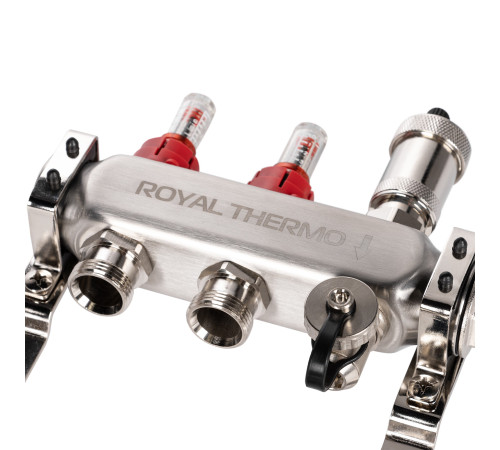 Коллектор Royal Thermo нерж. в сборе с расходомерами 1" ВР-3/4" НР с автомат. воздухоотвод-ми 2 вых. купить в Сочи Коллектор Royal Thermo нерж. в сборе с расходомерами 1" ВР-3/4" НР с автомат. воздухоотвод-ми 2 вых. купить в Сочи