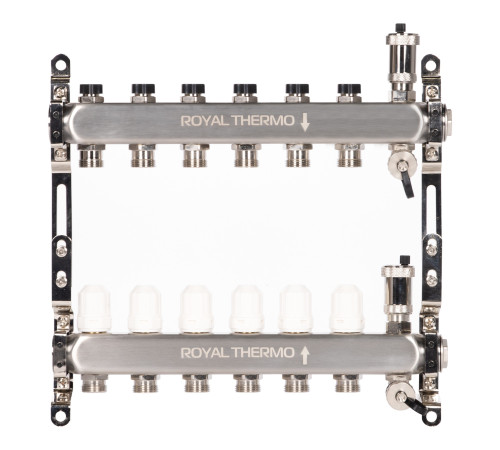 Коллектор Royal Thermo нерж. в сборе универсальный 1" ВР-3/4" НР с автомат. воздухоотвод-ми 6 вых. купить в Сочи Коллектор Royal Thermo нерж. в сборе универсальный 1" ВР-3/4" НР с автомат. воздухоотвод-ми 6 вых. купить в Сочи