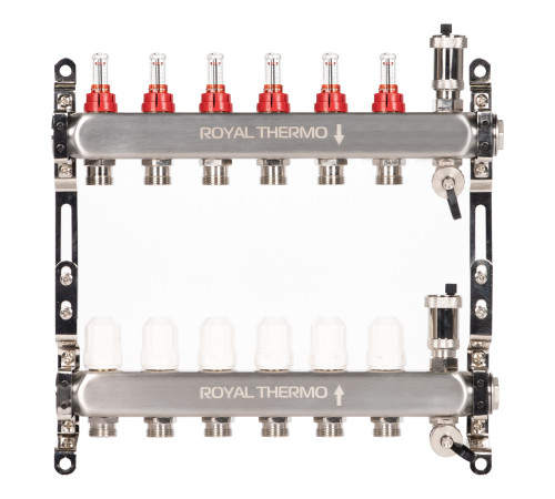 Коллектор Royal Thermo нерж. в сборе с расходомерами 1" ВР-3/4" НР с автомат. воздухоотвод-ми 6 вых. купить в Сочи Коллектор Royal Thermo нерж. в сборе с расходомерами 1" ВР-3/4" НР с автомат. воздухоотвод-ми 6 вых. купить в Сочи