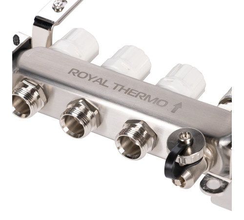 Коллектор Royal Thermo нерж. в сборе универсальный 1" ВР-3/4" НР с автомат. воздухоотвод-ми 3 вых. купить в Сочи Коллектор Royal Thermo нерж. в сборе универсальный 1" ВР-3/4" НР с автомат. воздухоотвод-ми 3 вых. купить в Сочи