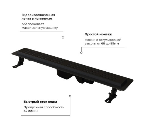 Душевой лоток Drain Leo-30-60 прямой 600 черный d=50 мм на ножках, сифон-линейное изделие для установки в пол