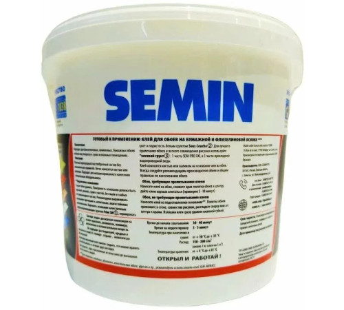 SEMIN SEM-PRO XXL Клей обойный ГОТОВЫЙ на флиз и бумаж основе 10 кг Семин для всех типов обоев и декоративных настенных покрытий на основе флизелина, бумаги, ткани, мольтона, поролона и пр